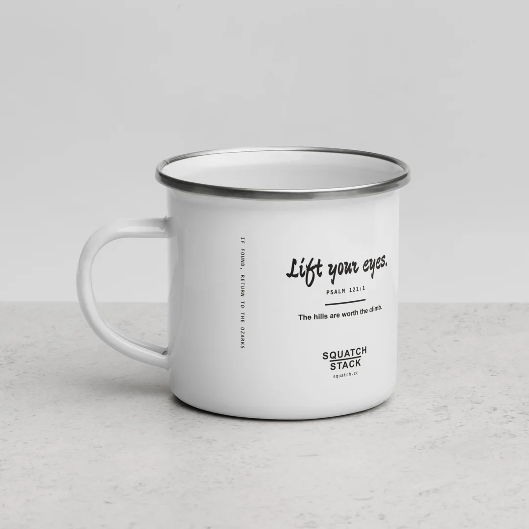 The Lift Your Eyes camp mug, handle on the left: the words on the back.