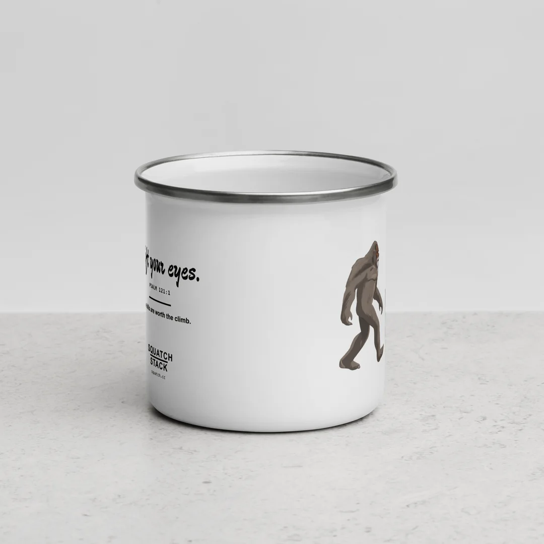 The Lift Your Eyes camp mug, handle behind.