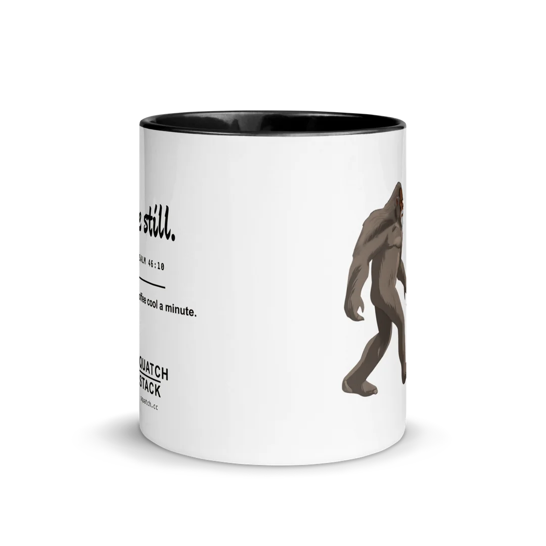 The Be Still mug, handle behind.
