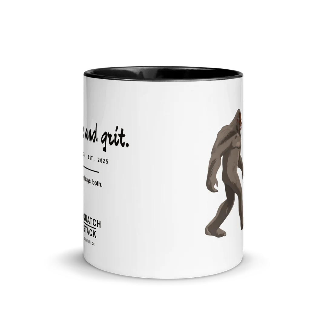 The Grace and Grit mug, handle behind.