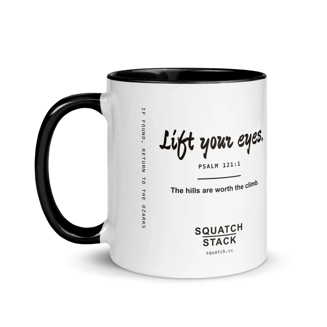 The Lift Your Eyes mug, handle on the left.