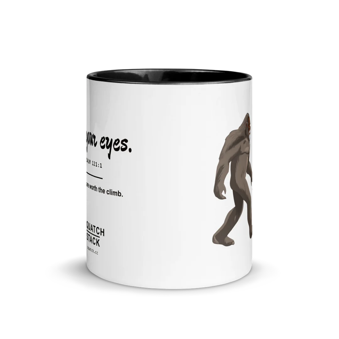 The Lift Your Eyes mug, handle behind.