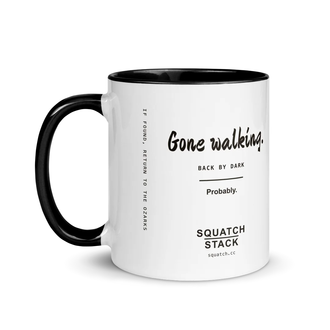 The Gone Walking mug, handle on the left.