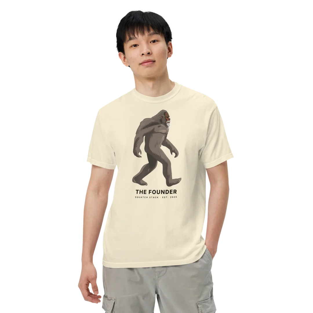 The Founder tee, worn by a person, front.