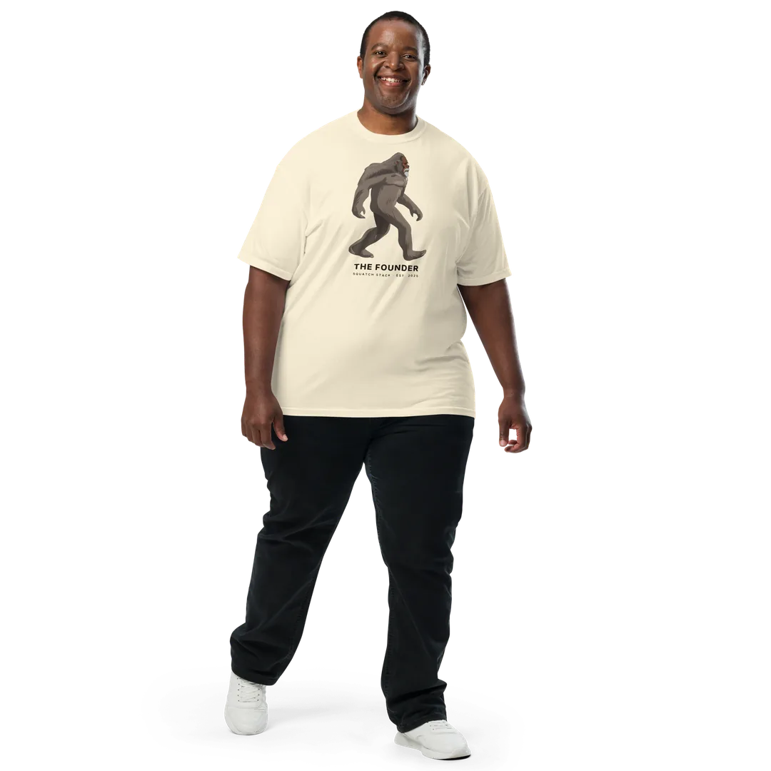 The Founder tee, worn, walking.