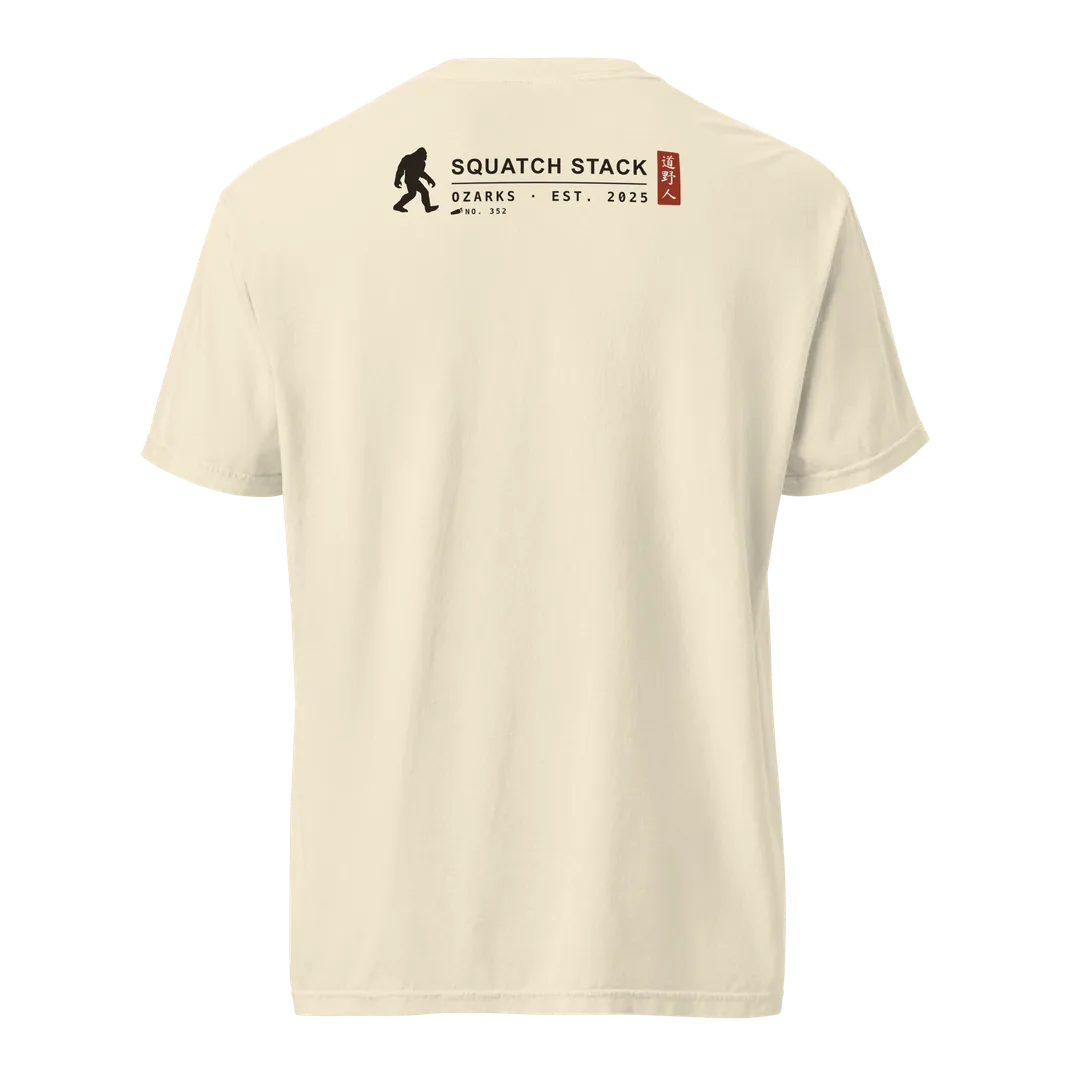The Trail Buddy tee, back, with the small Squatch Stack mark.