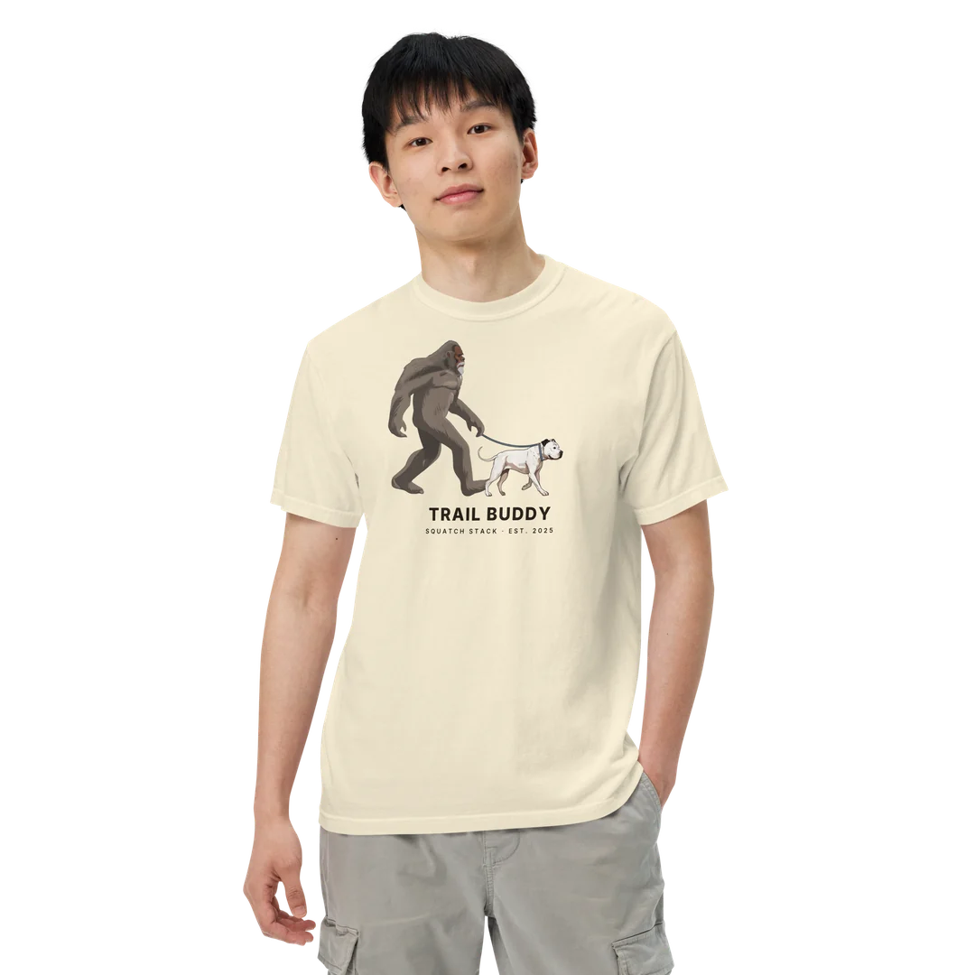 The Trail Buddy tee, worn by a person, front.