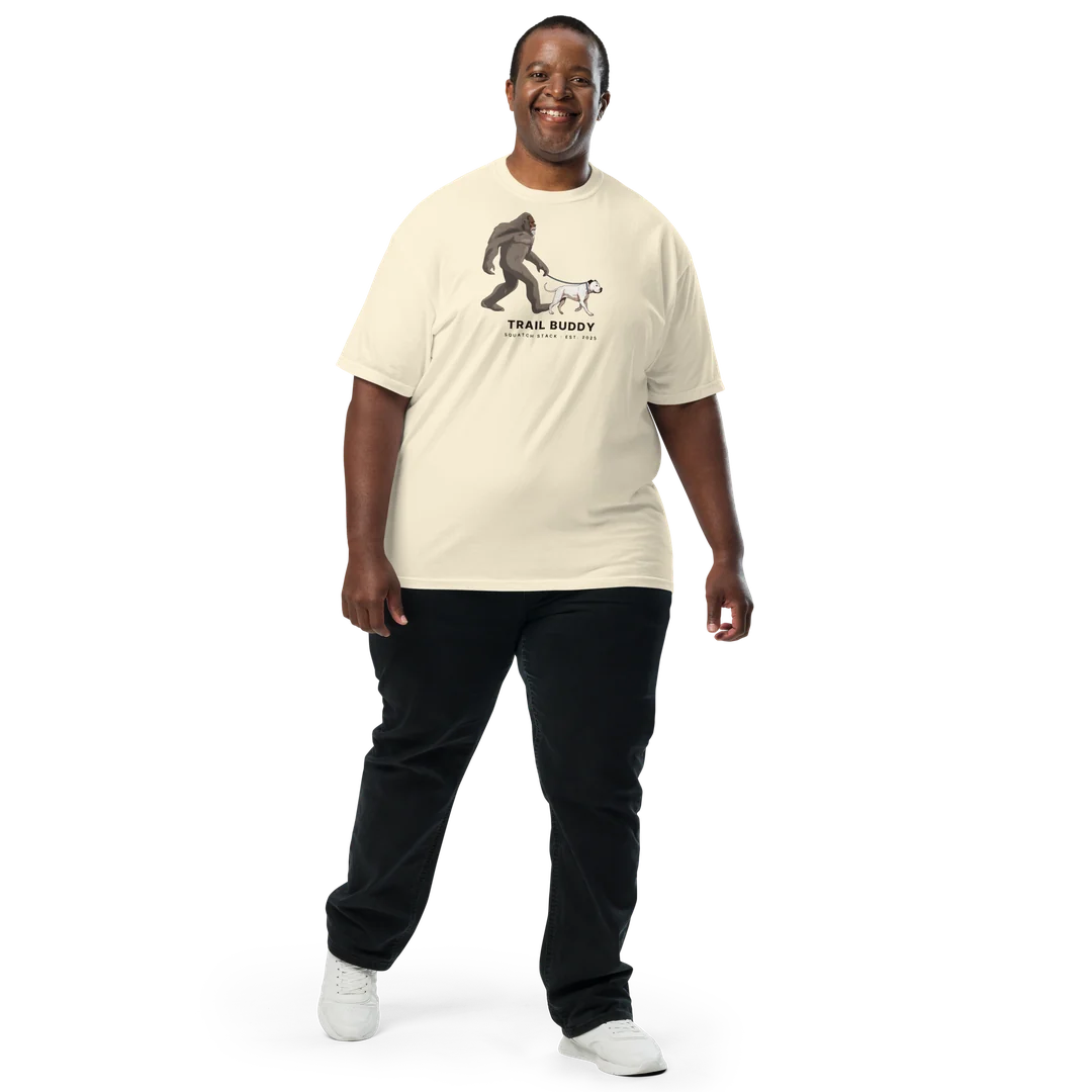 The Trail Buddy tee, worn, walking.